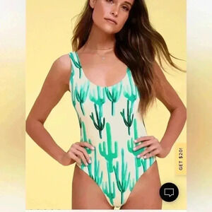 Lulus Check Yourself Green and White Cactus Print One-Piece Swimsuit large
